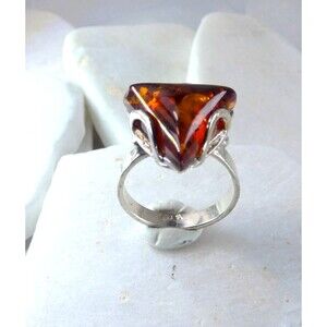 Natural Baltic Amber Modern Ring Sterling Silver Size 6.75